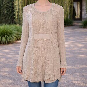 ​Indigo Soul Mixed Media Lace Tunic | Boho Lagenlook Mesh Top | Size XL | Taupe